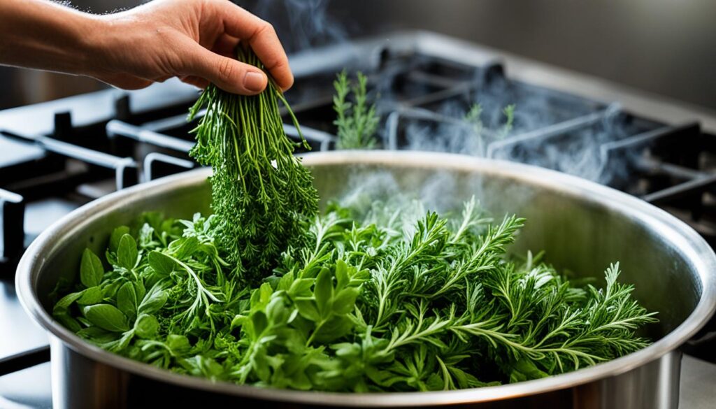 Kräuter hinzufügen beim Kochen